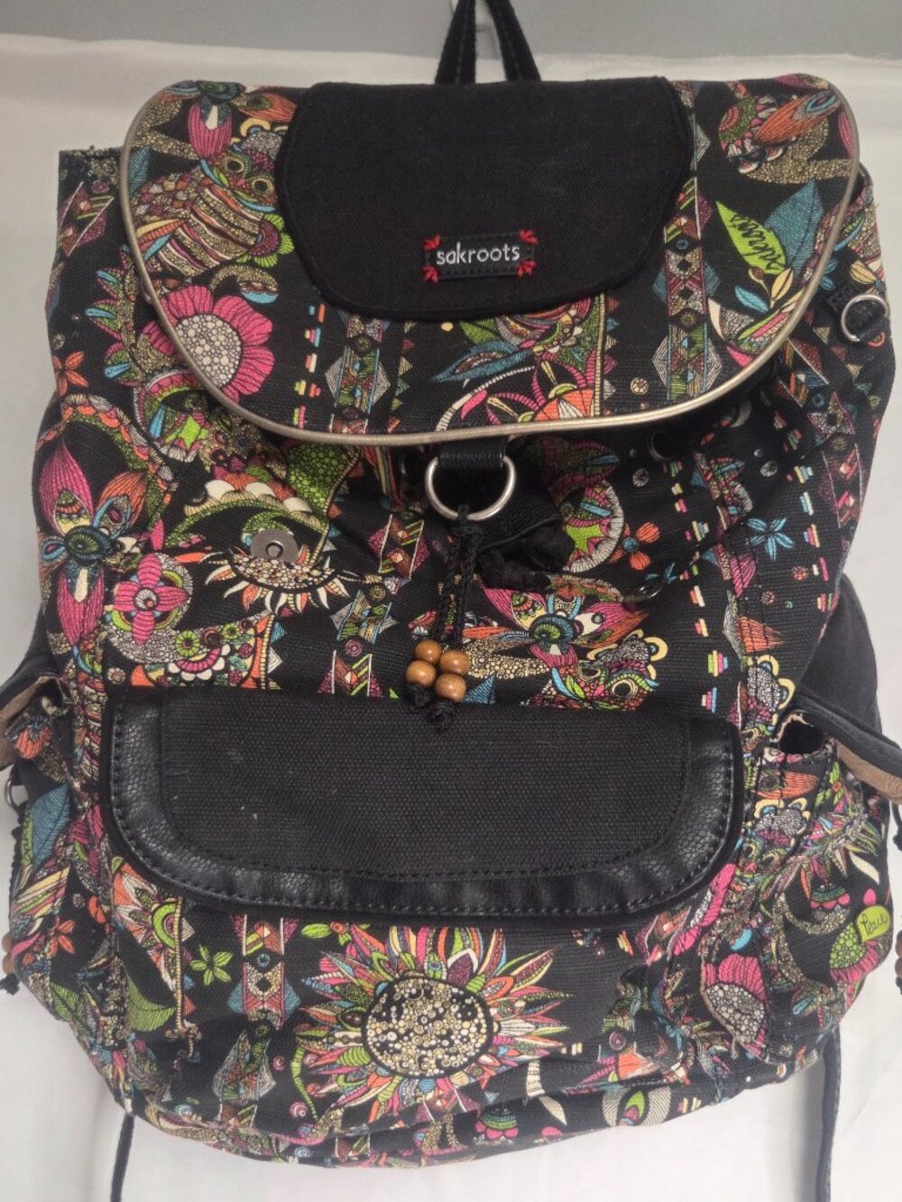 Sakroots Artist Circle Flap Backpack Owl Flower Multi-Color Canvas Boho Bag Scho